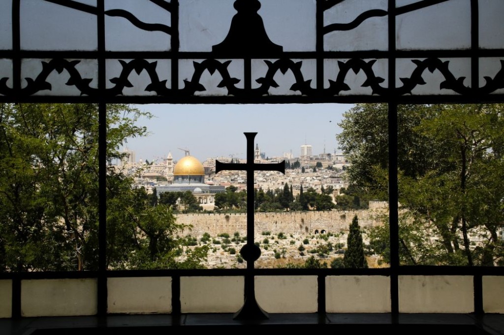 View from the apse of the Church of Dominus Flavet looking toward the Old City of Jerusalem and the Temple Mount.